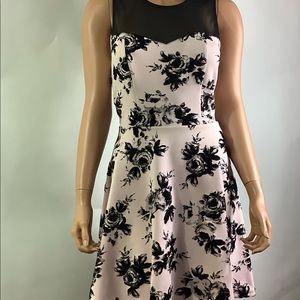 Pink swing dress with Black floral. Black tulle top, sleevesless, to the knee
